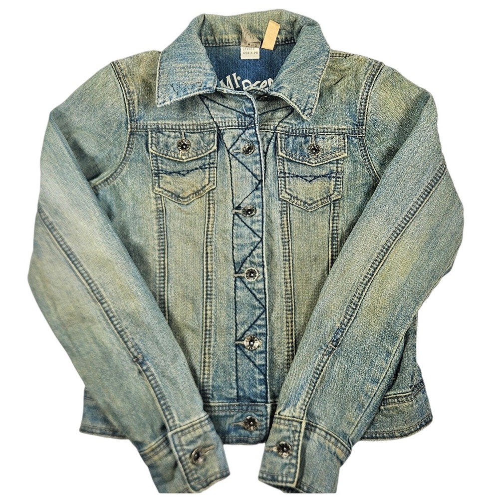 YMI Premium Womens Small‎ Light Wash Denim Trucker Jacket Western Zigzag Stitch
